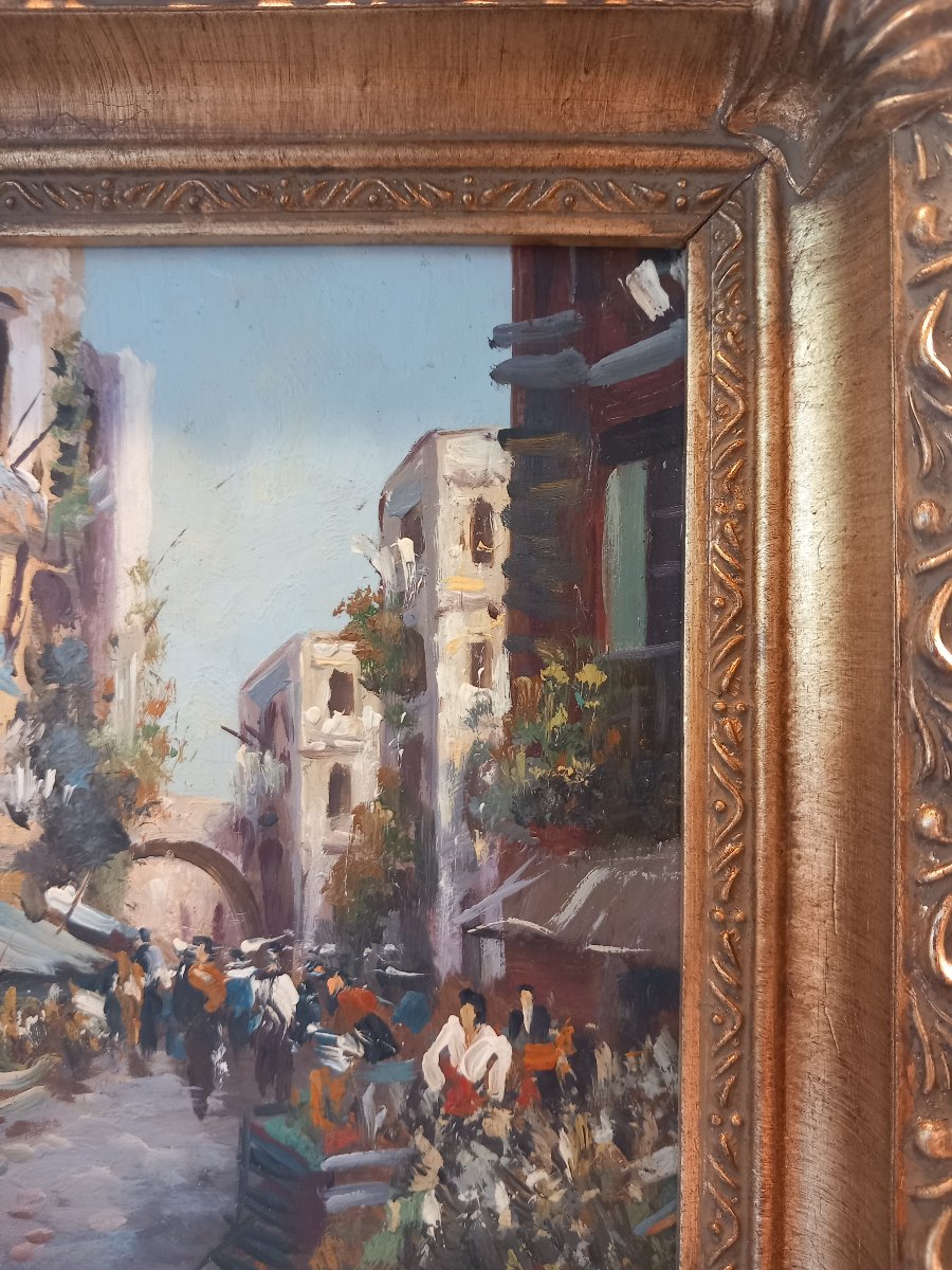  "Rue animée à Naples ", huile sur panneau, attribuée à Élettra De Angélis (1906-1999)-photo-1