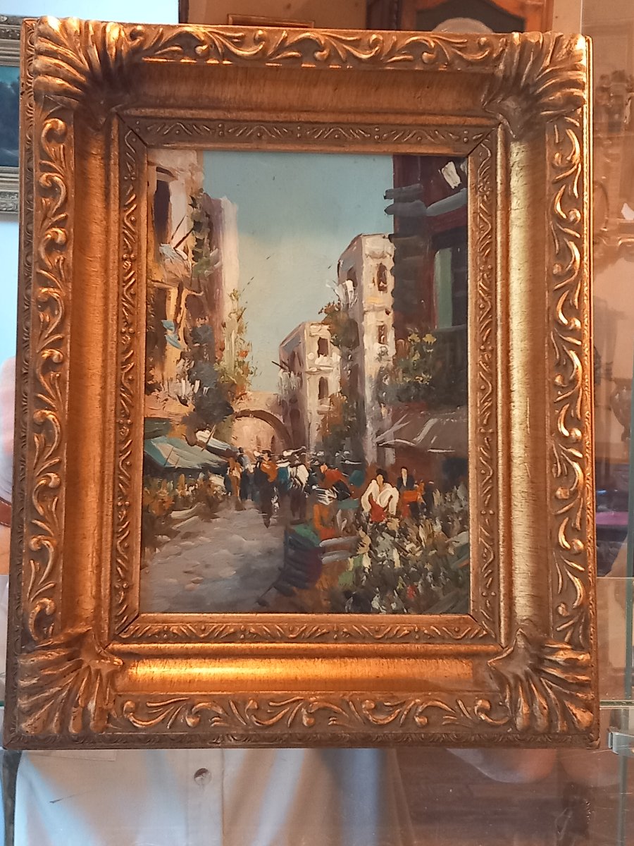  "Rue animée à Naples ", huile sur panneau, attribuée à Élettra De Angélis (1906-1999)-photo-2