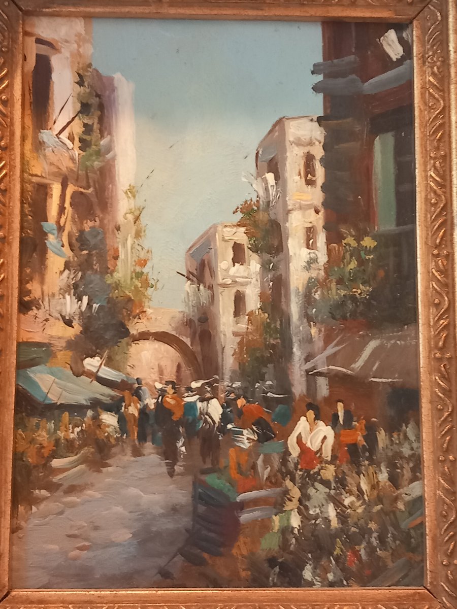  "Rue animée à Naples ", huile sur panneau, attribuée à Élettra De Angélis (1906-1999)