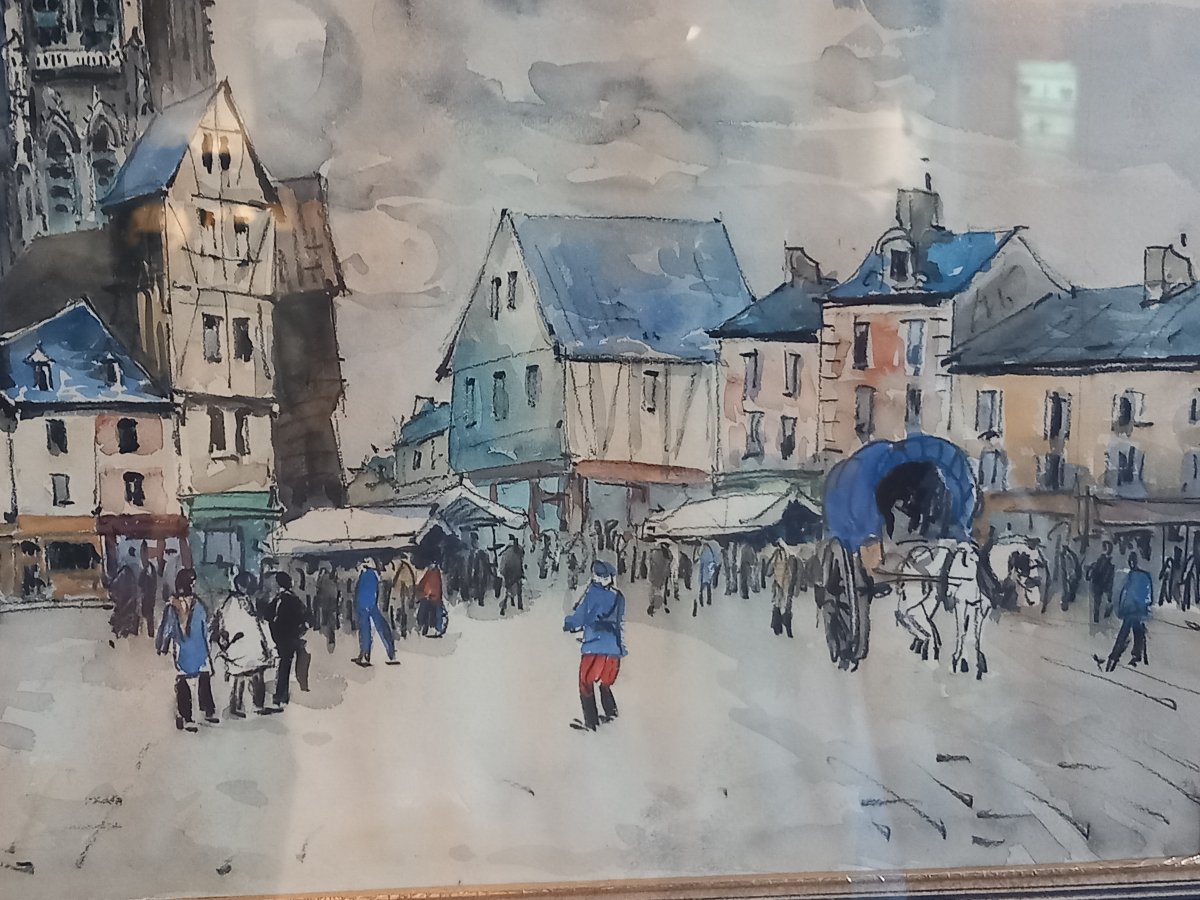 "Marché à Abbeville", aquarelle de Frank WILL (1900-1951)-photo-1