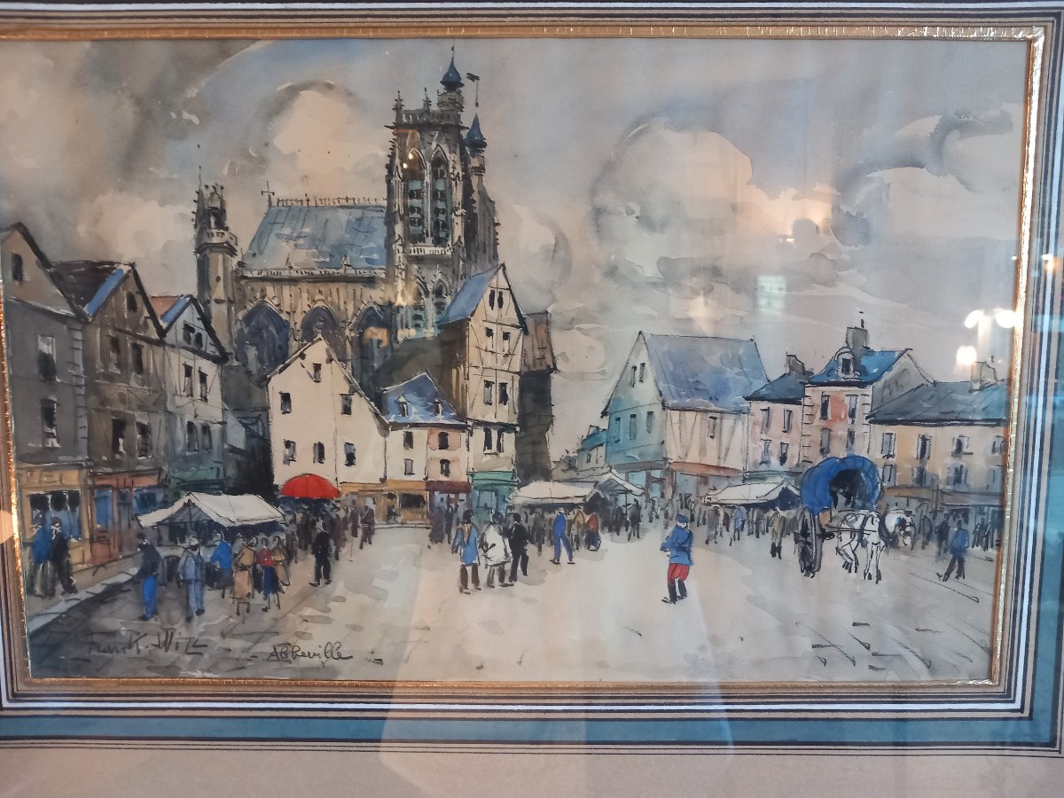 "Marché à Abbeville", aquarelle de Frank WILL (1900-1951)