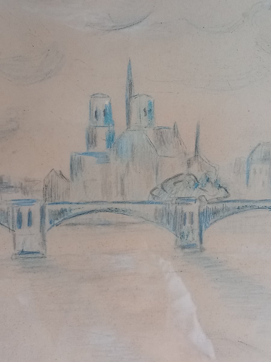 "Vue de Notre Dame de Paris", dessin de Maximilien LUCE (1858-1941)-photo-1