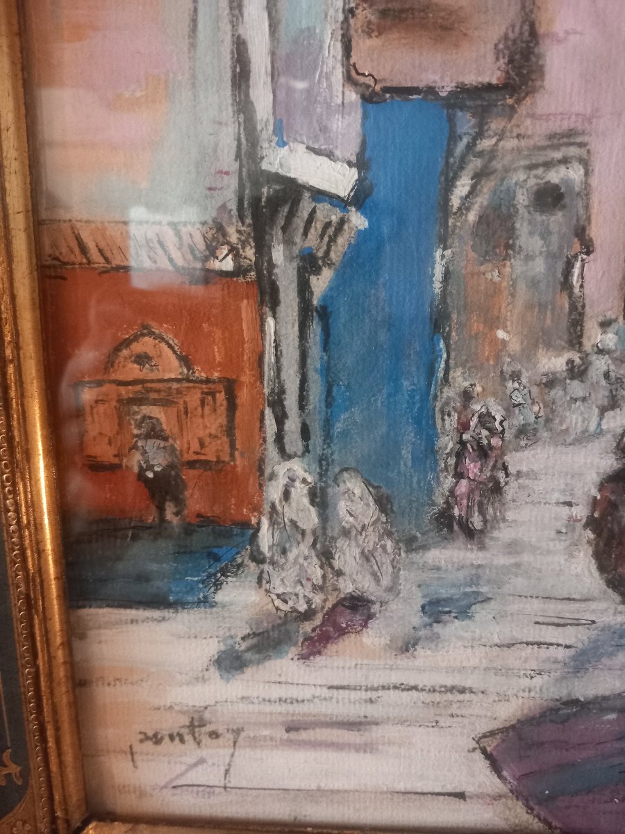 " Marché à Tanger " (Maroc), gouache sur papier, signée  'Pontoy'.-photo-2