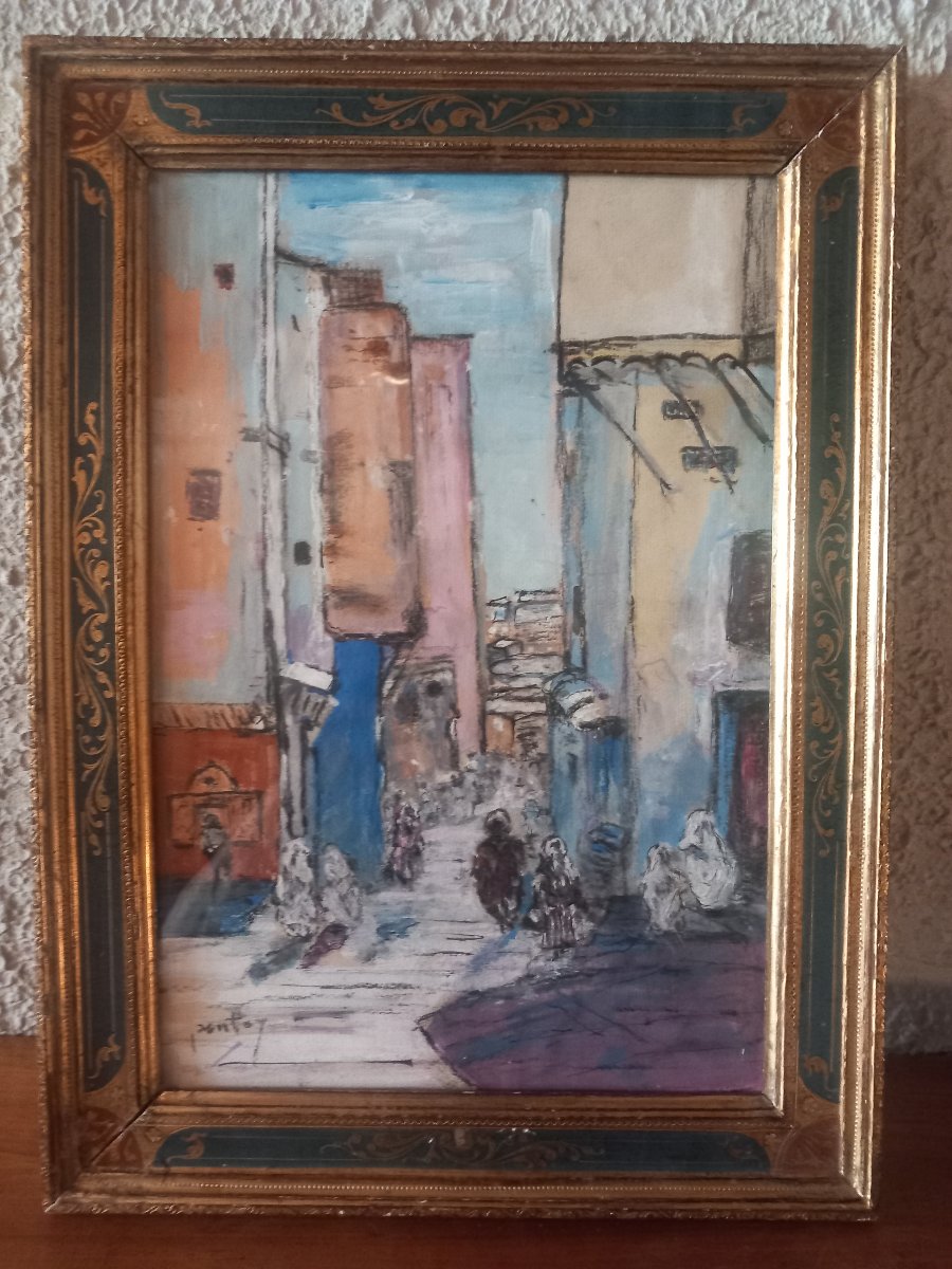 " Marché à Tanger " (Maroc), gouache sur papier, signée  'Pontoy'.-photo-3