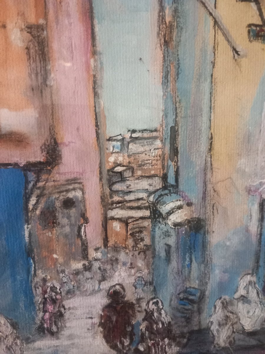 " Marché à Tanger " (Maroc), gouache sur papier, signée  'Pontoy'.-photo-3