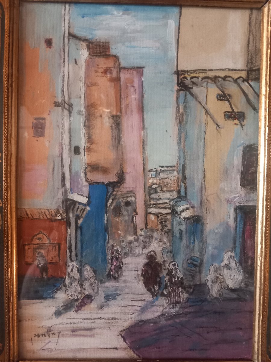 " Marché à Tanger " (Maroc), gouache sur papier, signée  'Pontoy'.