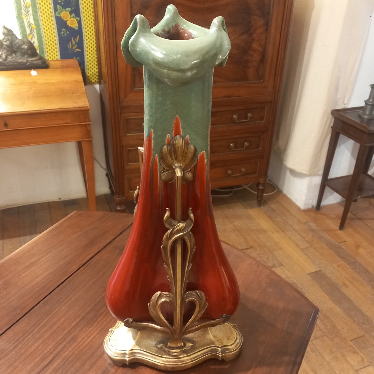 Large Art Nouveau Ceramic Vase With A Gilded Bronze Mount By Charles Gautier.-photo-4
