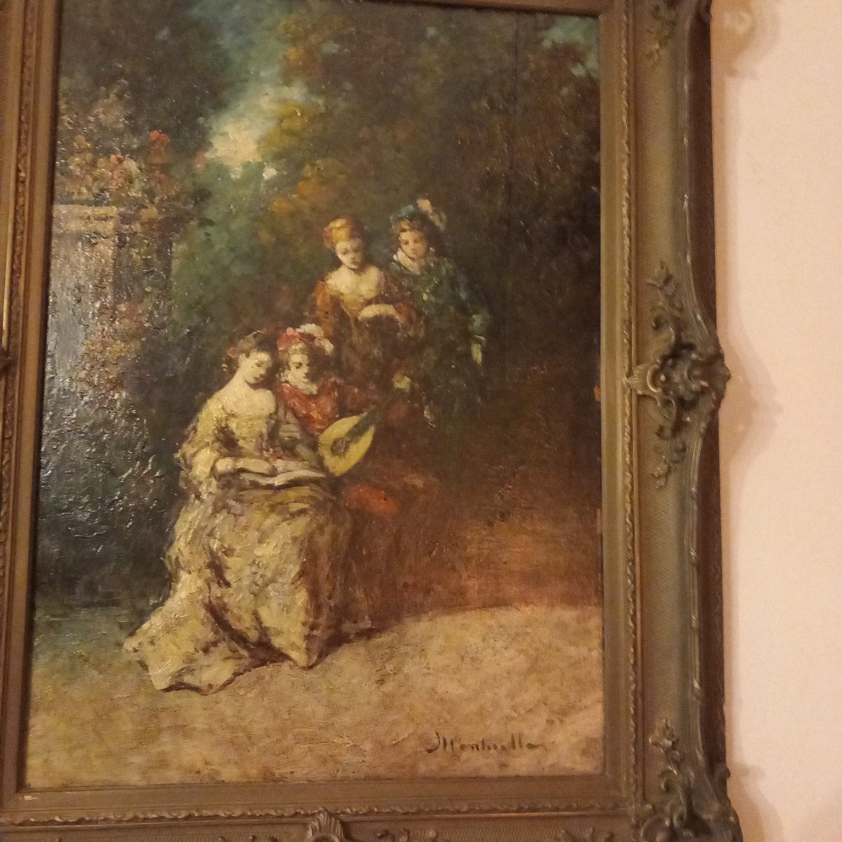 "music Lesson In A Park," Oil On Panel By Adolphe Monicelli.-photo-3