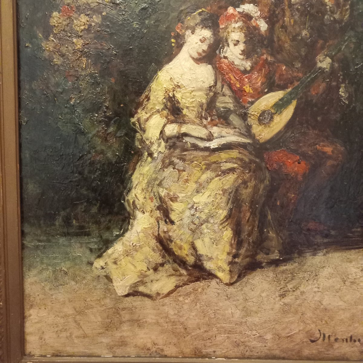 "music Lesson In A Park," Oil On Panel By Adolphe Monicelli.-photo-3