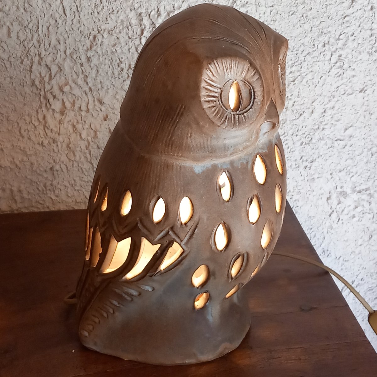 Vintage "owl" Lamp Made Of Openwork Stoneware. Designed By Agnès Escala, 1960s–1970s.-photo-2