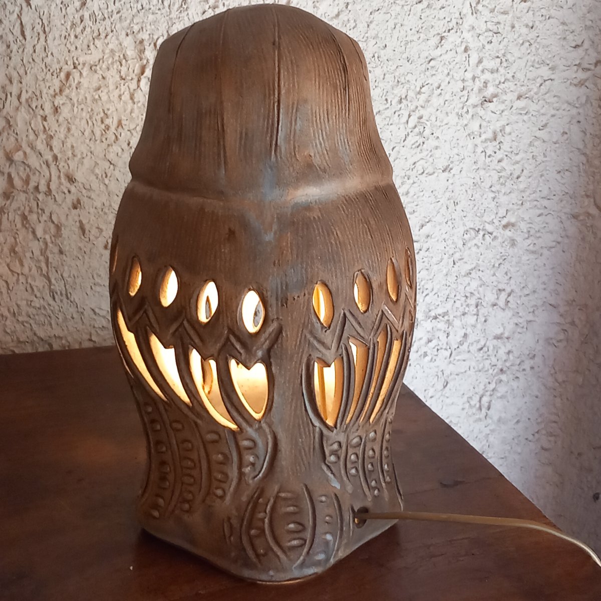 Vintage "owl" Lamp Made Of Openwork Stoneware. Designed By Agnès Escala, 1960s–1970s.-photo-1