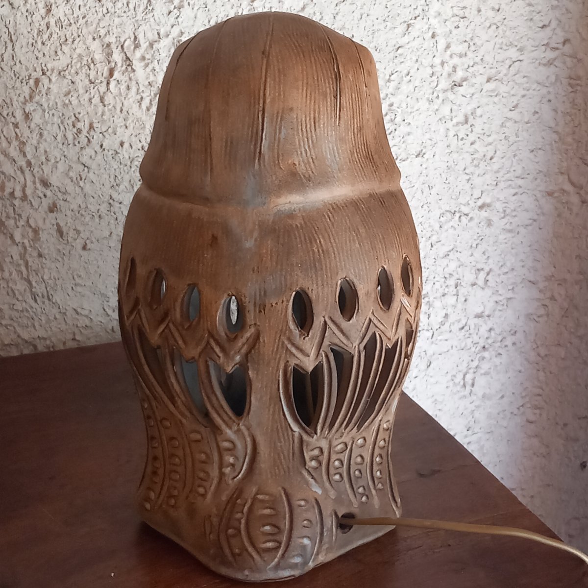 Vintage "owl" Lamp Made Of Openwork Stoneware. Designed By Agnès Escala, 1960s–1970s.-photo-2