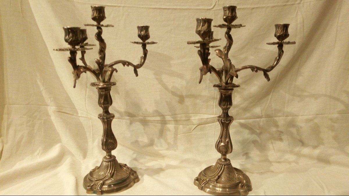 Paire de candélabres Louis XIV, bronze argenté, époque 19è.