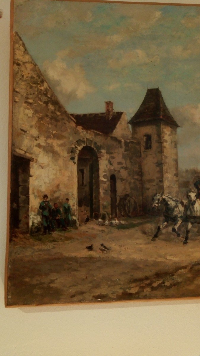 "L'arrivée de la diligence au relais de poste", huile de Émile Normand Saint Marcel-photo-2