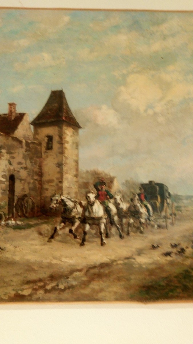 "L'arrivée de la diligence au relais de poste", huile de Émile Normand Saint Marcel-photo-3