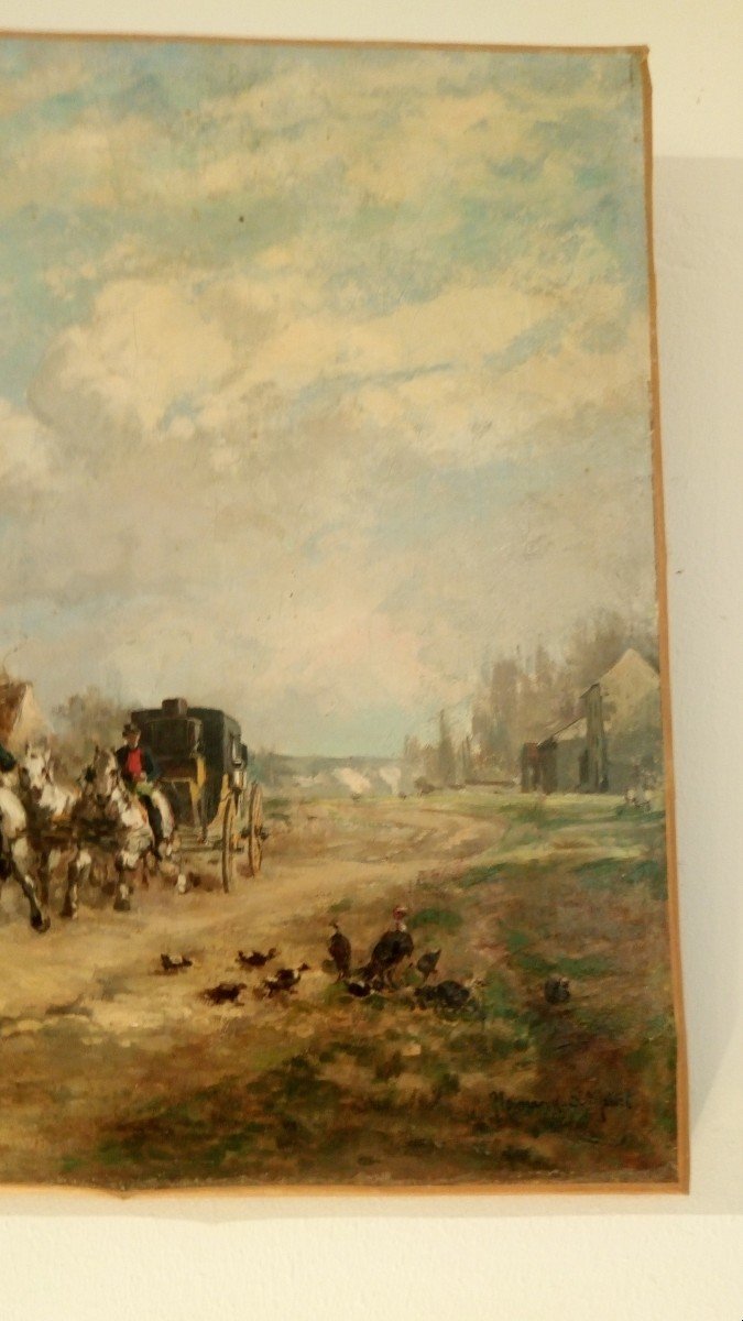 "L'arrivée de la diligence au relais de poste", huile de Émile Normand Saint Marcel-photo-4