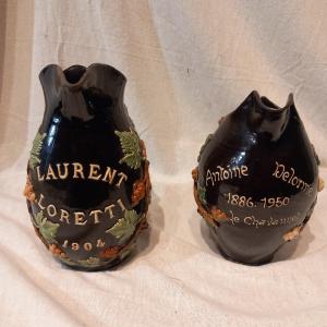 Two Winegrowers' Surname Pitchers, Glazed Terracotta, Early 20th Century.