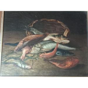 "Nature morte aux poissons", huile sur toile signée et datée  "A. Jourdan  1881"