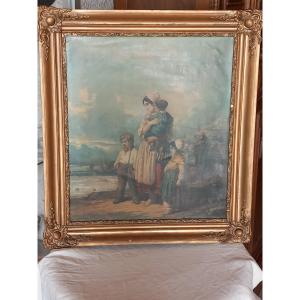 "oil On Canvas "the Fisherman's Waiting" Signed "boulogne, A. Delacroix".