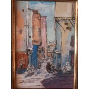 " Marché à Tanger " (Maroc), gouache sur papier, signée  'Pontoy'.