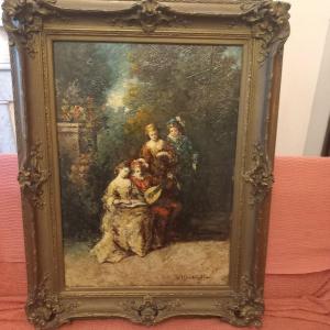 "music Lesson In A Park," Oil On Panel By Adolphe Monicelli.