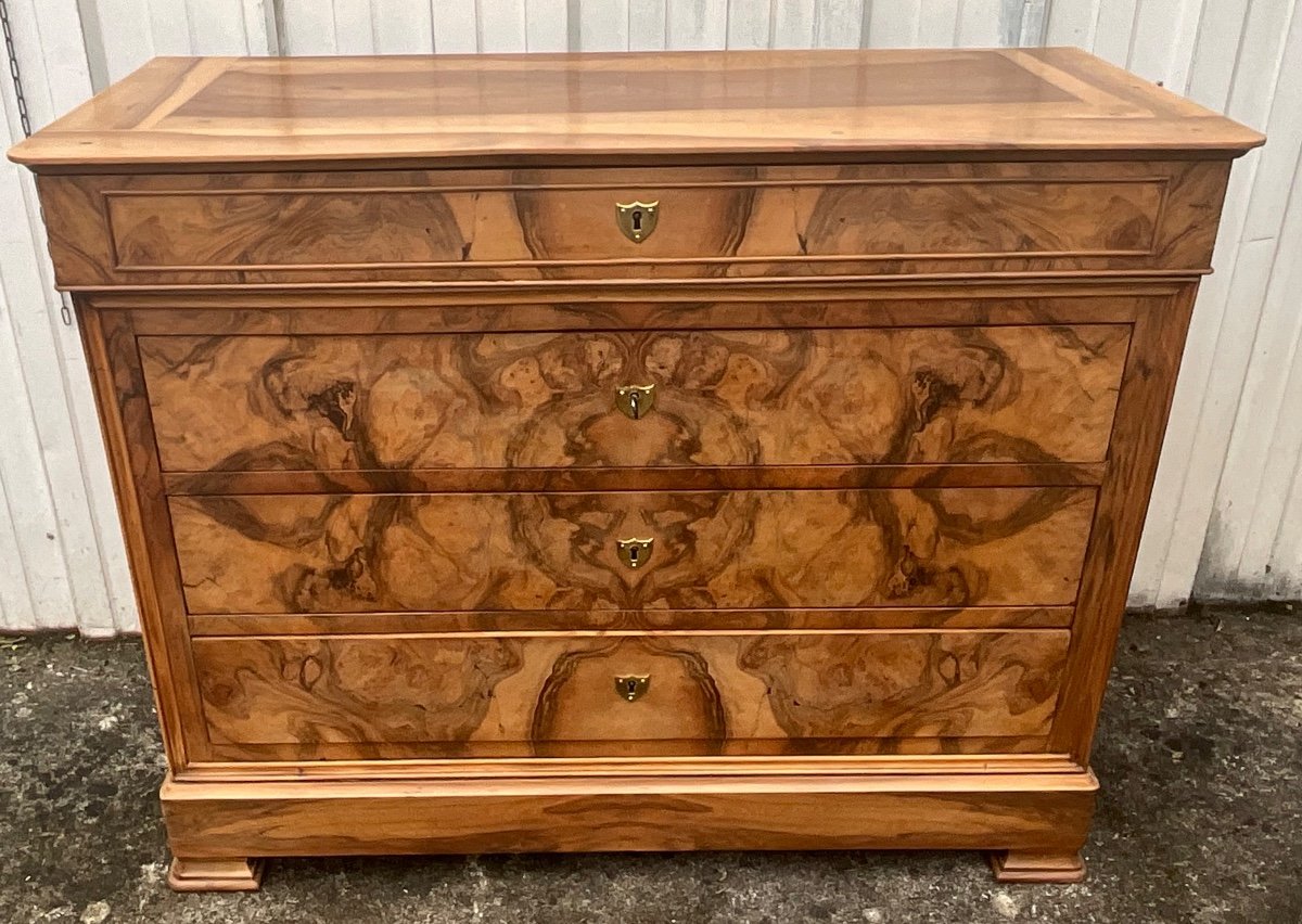 Commode Française Louis Philippe Époque Fin 19ème Ronce De Noyer Dessus Bois Très Bon état 