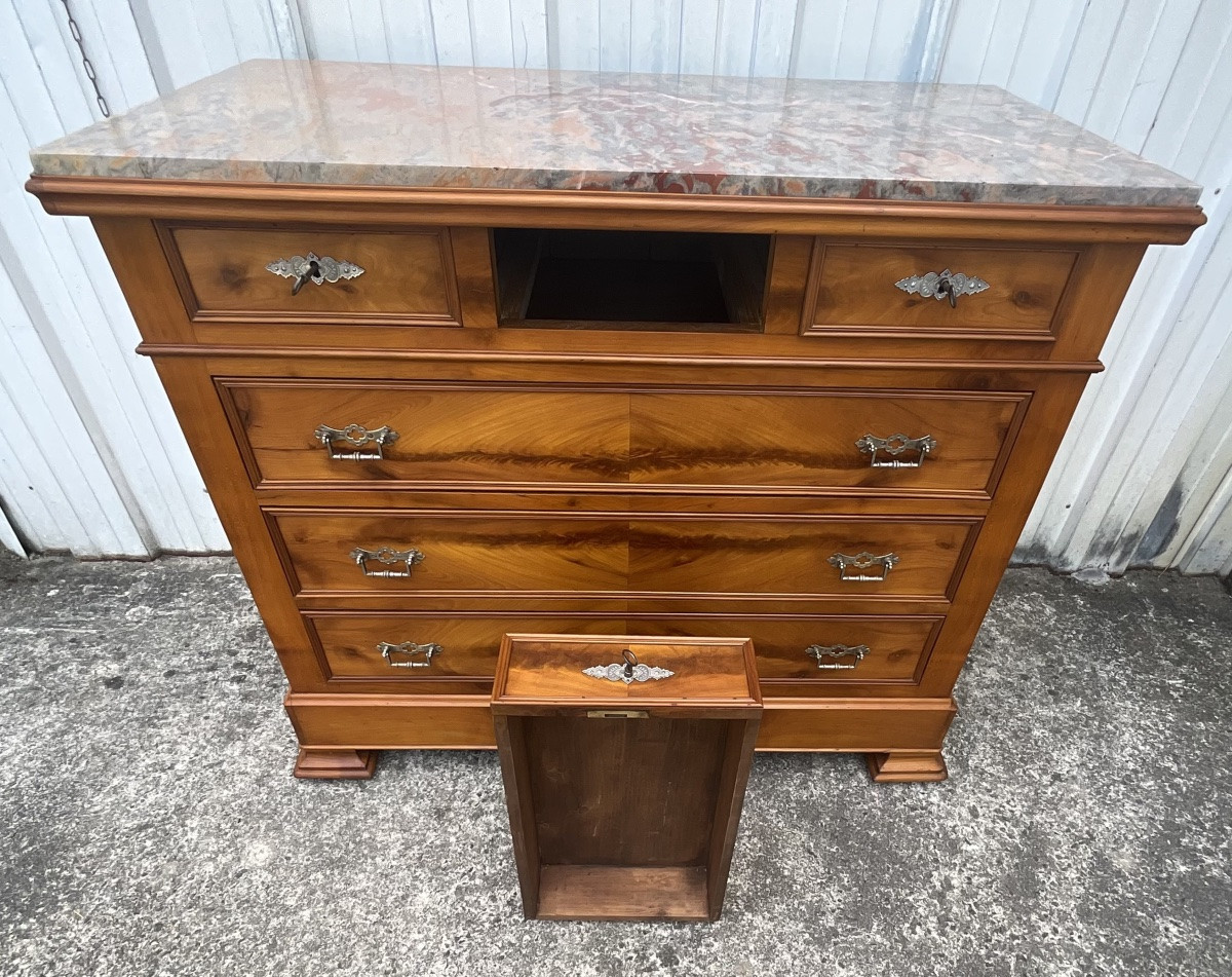 Louis-philippe Chest Of Drawers In Cherry Burl And Pyrenees Marble Top, Late 19th Century-photo-4