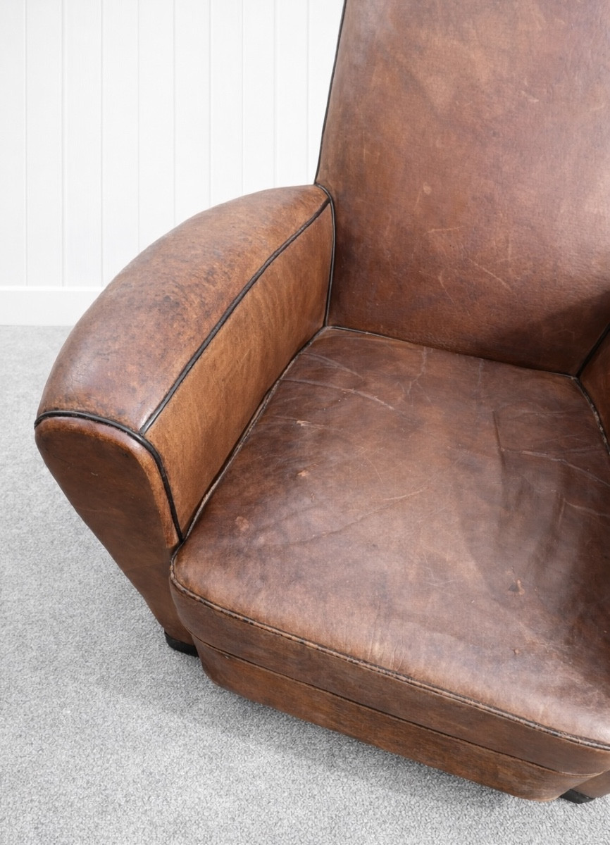 Paire de fauteuils club en cuir – Milieu du XXe siècle-photo-2