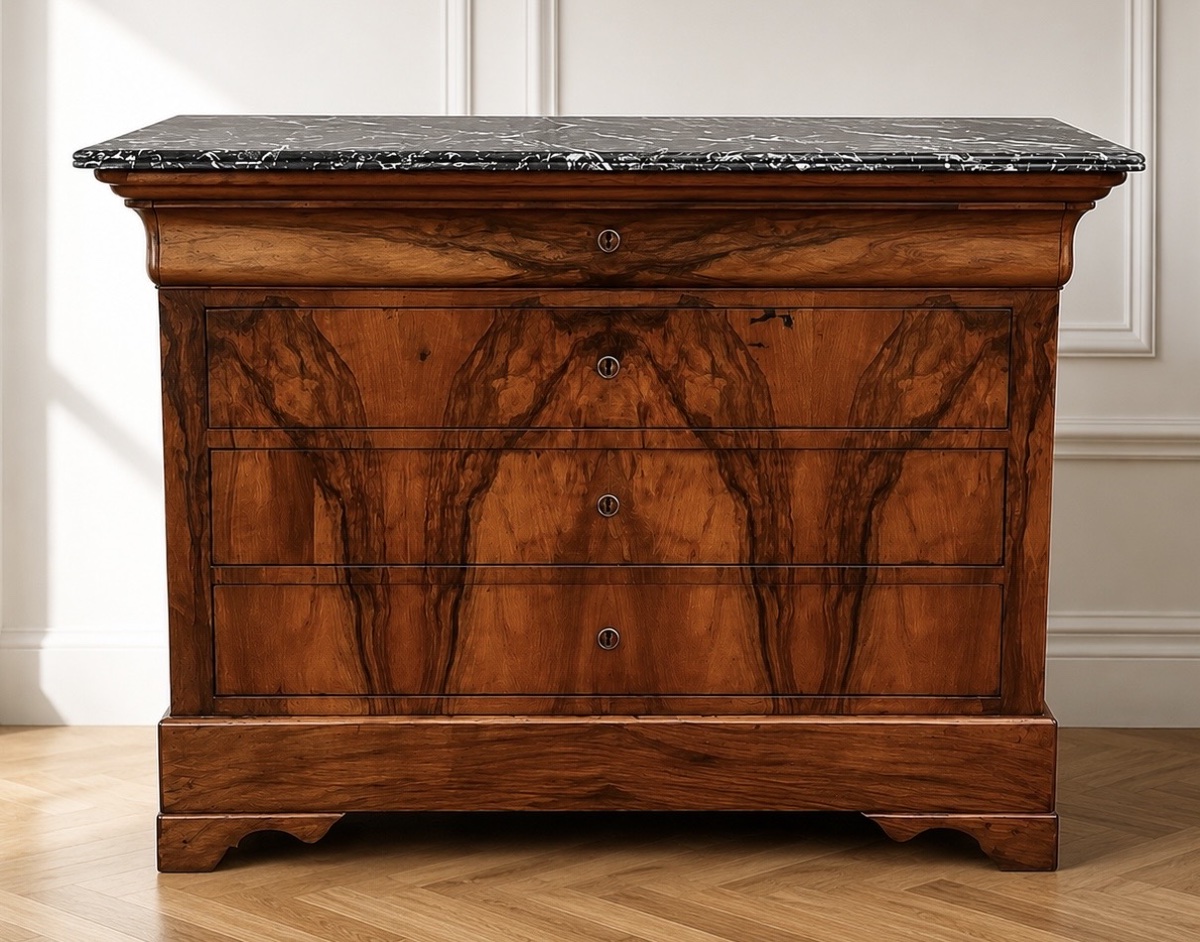 Commode d’époque Louis-Philippe en ronce de noyer, milieu du XIXe siècle