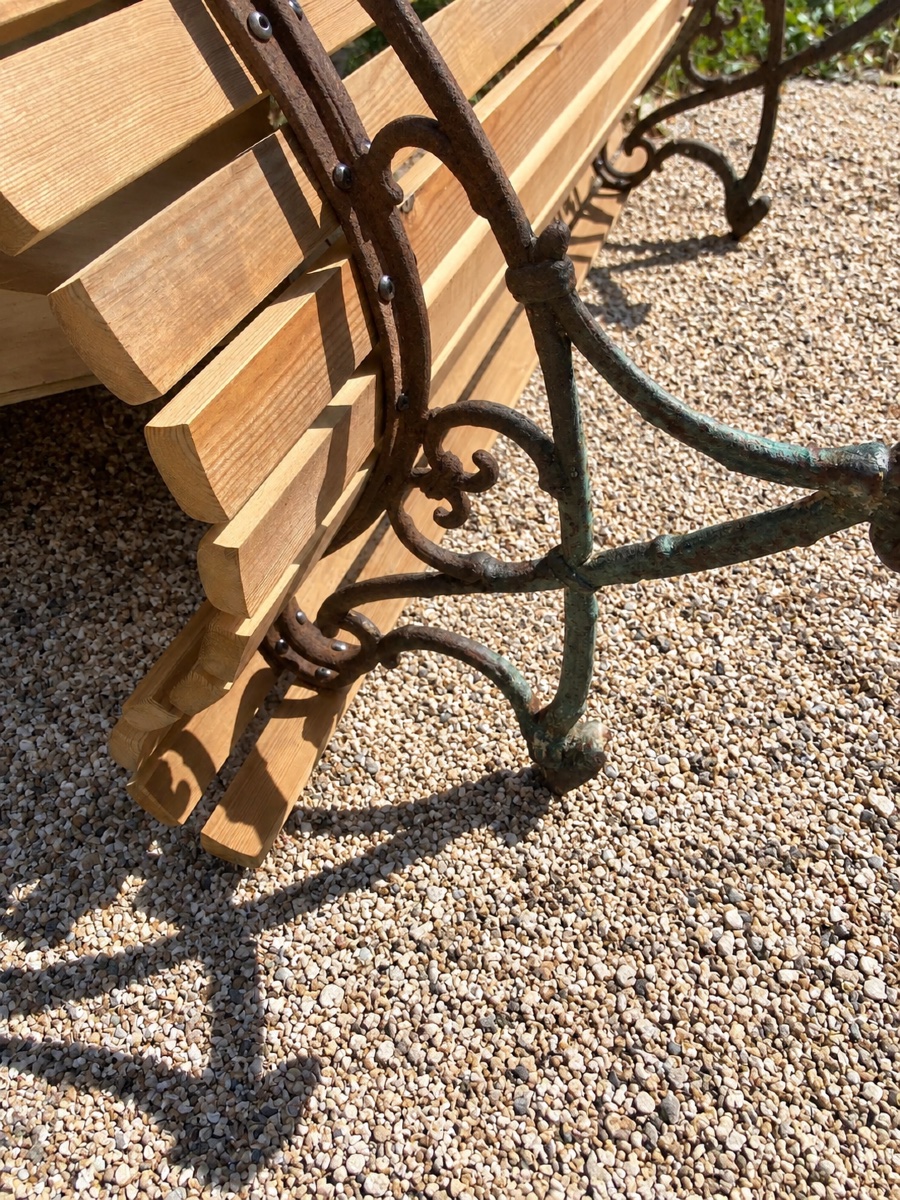 Banc de jardin ancien en fonte patinée et bois, début XXe siècle-photo-2