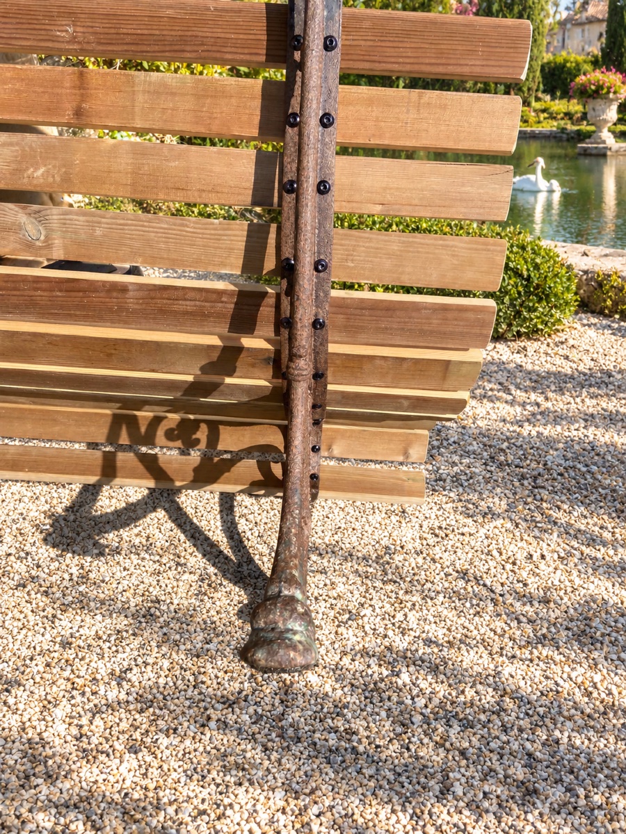 Banc de jardin ancien en fonte patinée et bois, début XXe siècle-photo-4
