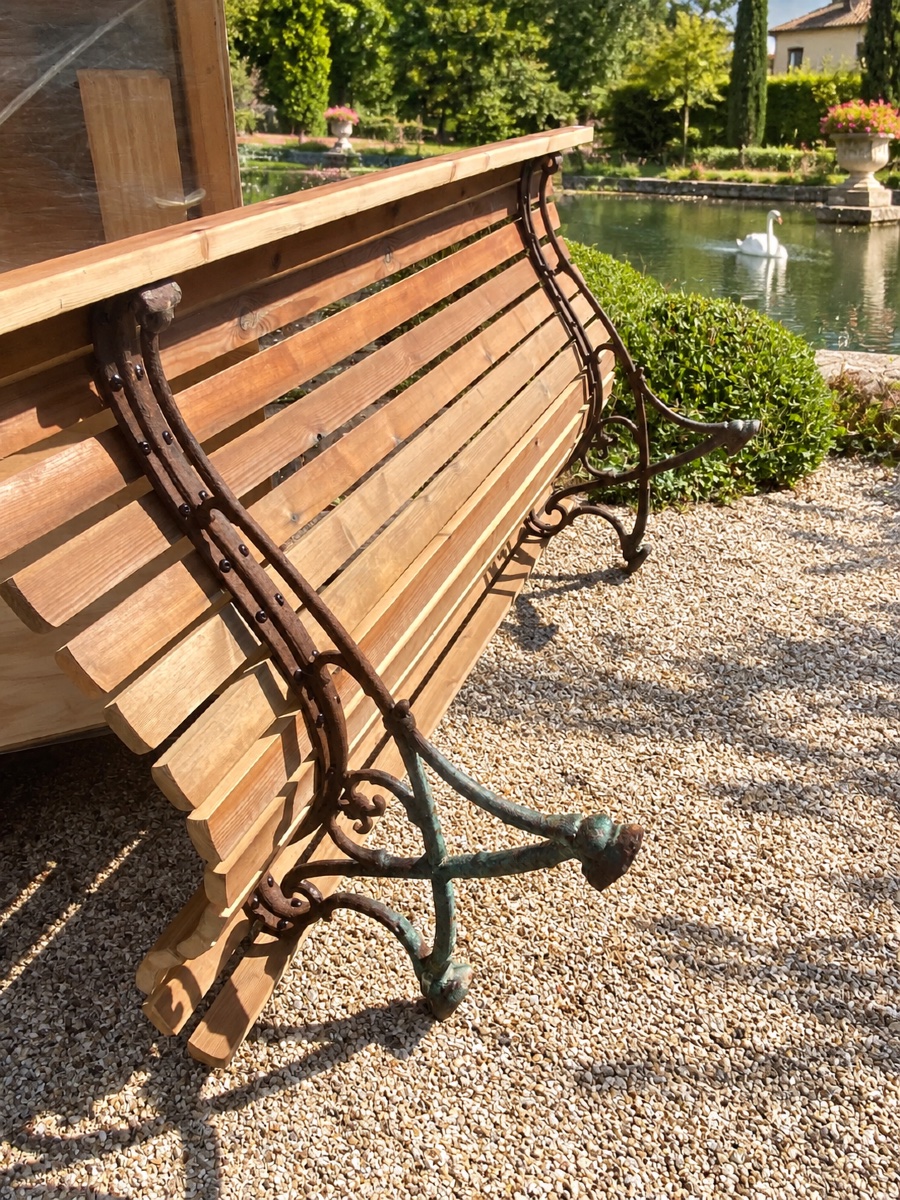 Banc de jardin ancien en fonte patinée et bois, début XXe siècle-photo-5