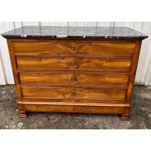 Commode Noyer Louis Philippe Fin XIXème, Cinq Tiroirs, Dessus Marbre Saint Anne, Très Bon état 