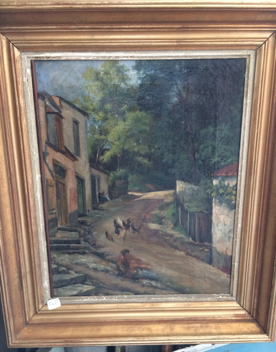 Painting On Canvas: Chickens In A Samois Street.