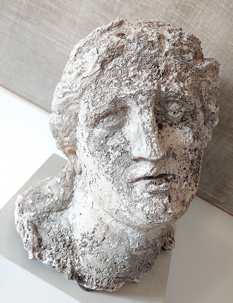 Large Antique Goddess Head In Plaster With Outdoor Patina, 19th Century-photo-1