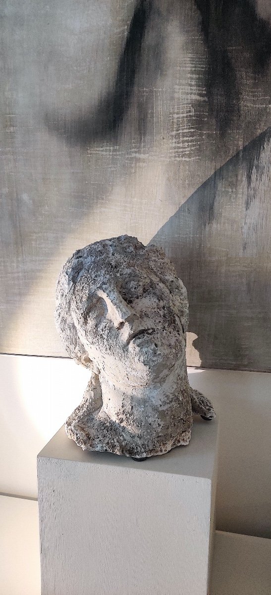 Large Antique Goddess Head In Plaster With Outdoor Patina, 19th Century-photo-2