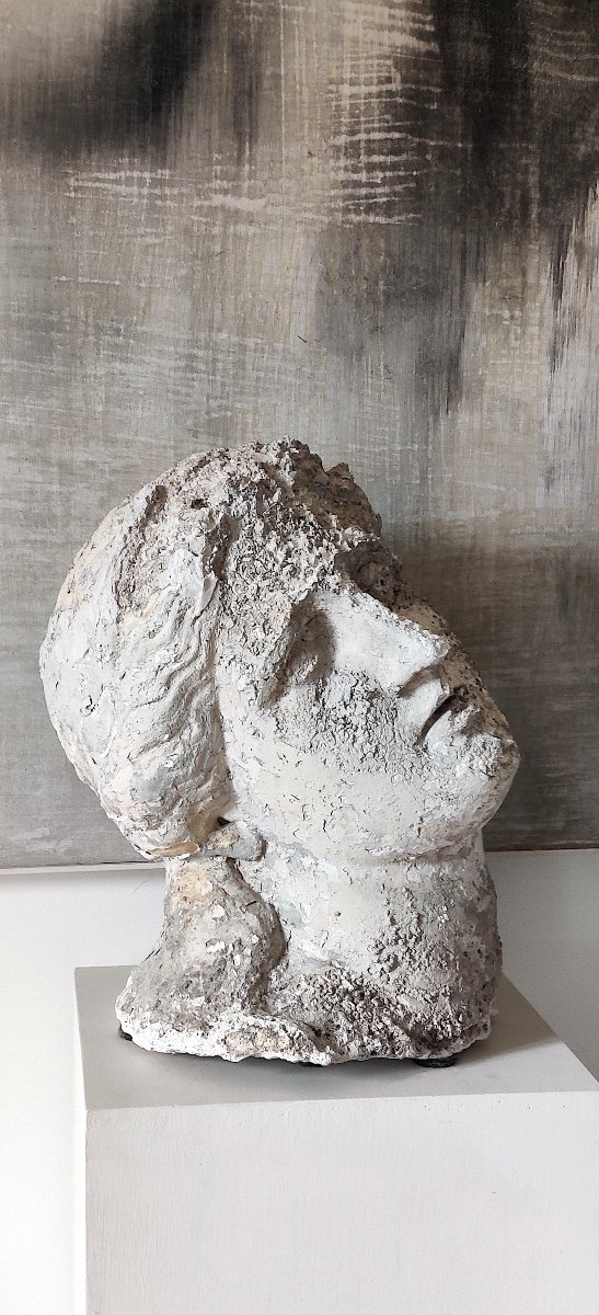 Large Antique Goddess Head In Plaster With Outdoor Patina, 19th Century