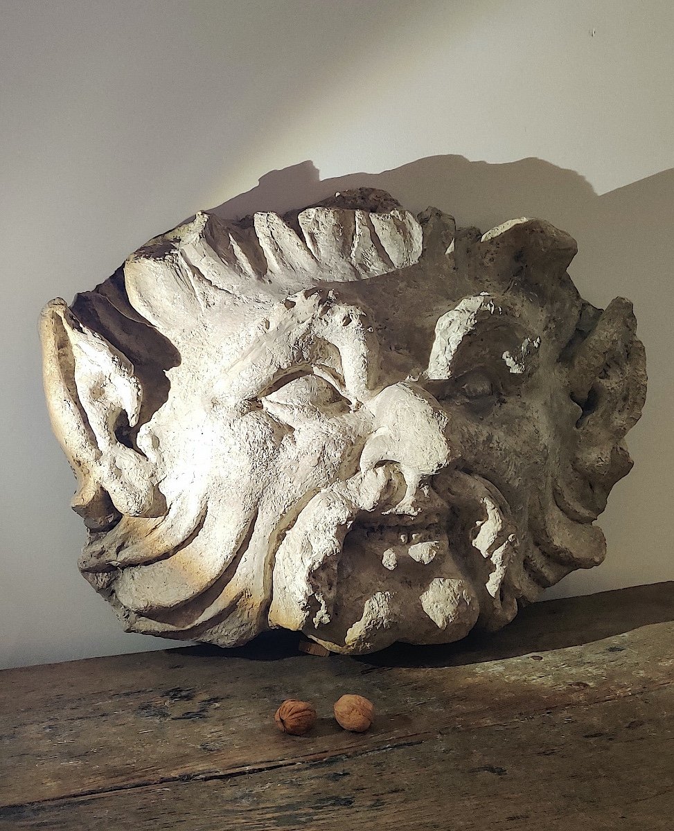 Grand "Mascaron de Grotesque" de style Renaissance , plâtre original fin XIXème.-photo-2