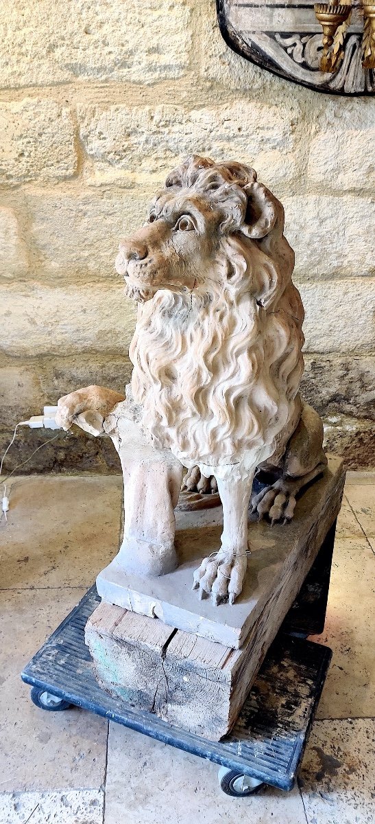Importante sculpture de Parc en terre cuite "Lion" , Italie fin XVIIIème-photo-3