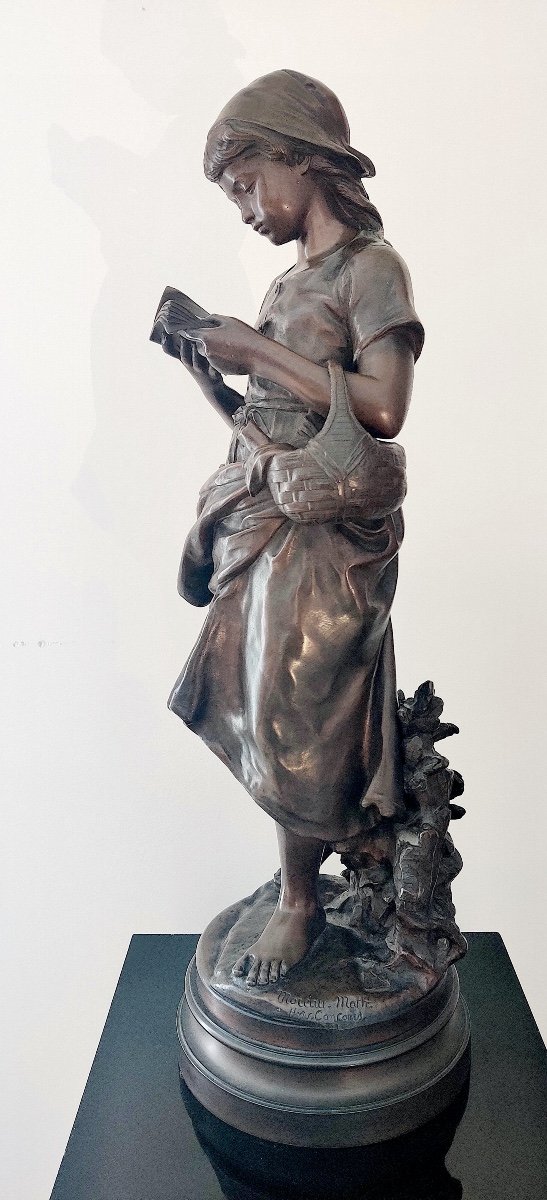 Grande sculpture en bronze " La petite liseuse " signé Mathurin Moreau , seconde moitié XIXème-photo-3