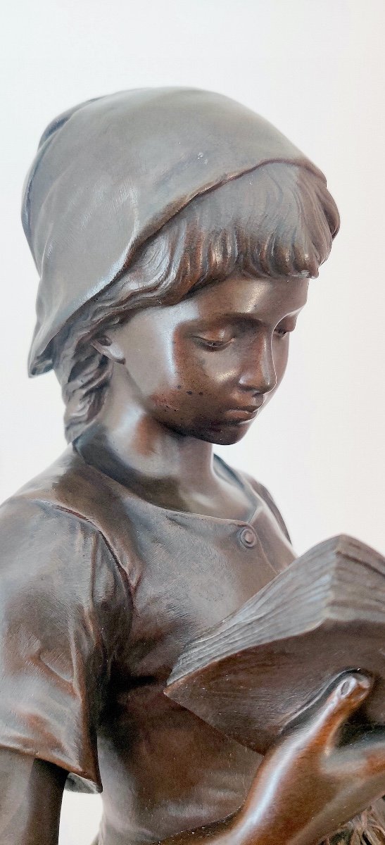 Grande sculpture en bronze " La petite liseuse " signé Mathurin Moreau , seconde moitié XIXème-photo-4