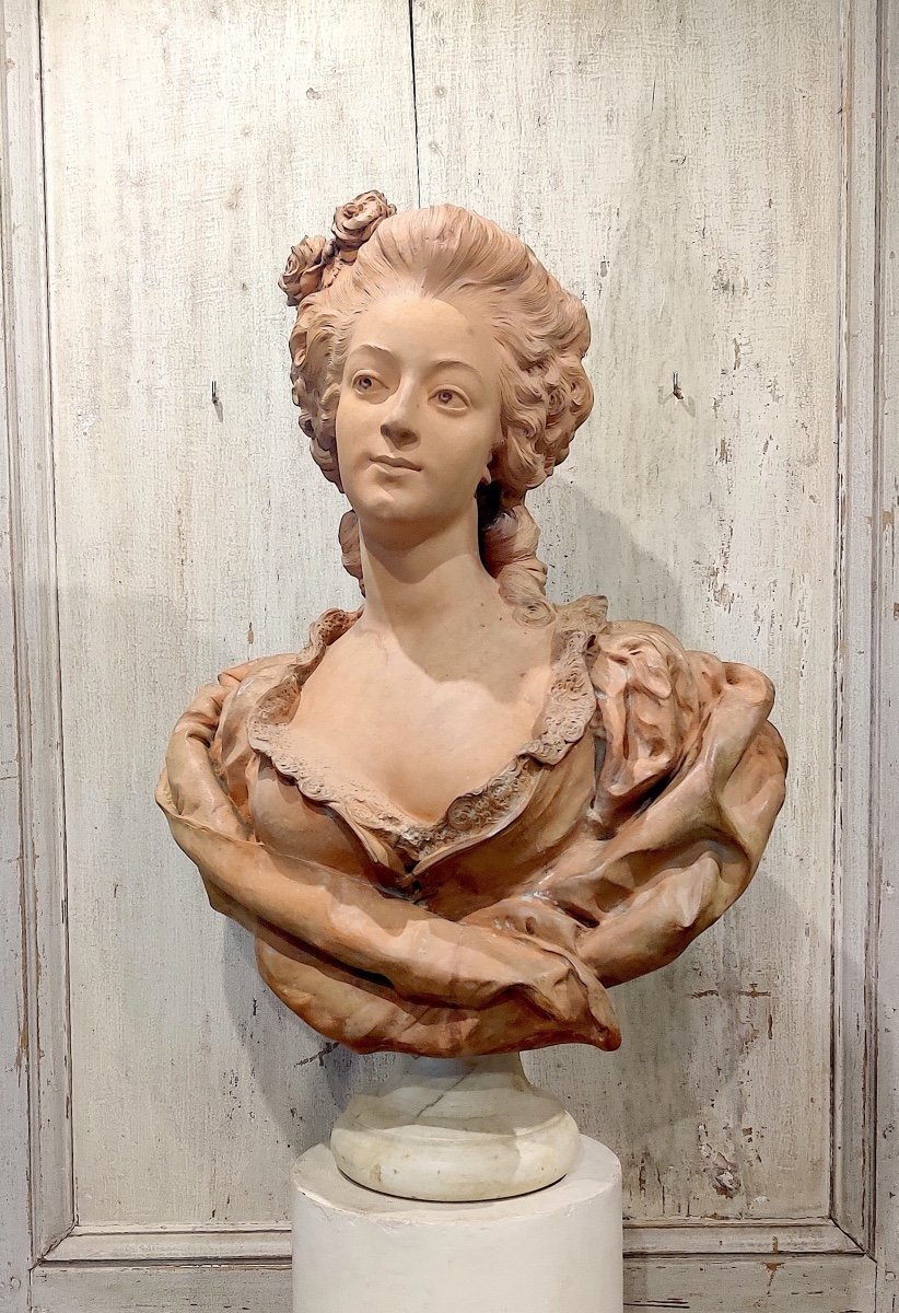 Large Terracotta Bust "lady Of 18th Century Quality" Signed Paul Darbefeuille (ec Fr 19th Century)-photo-2