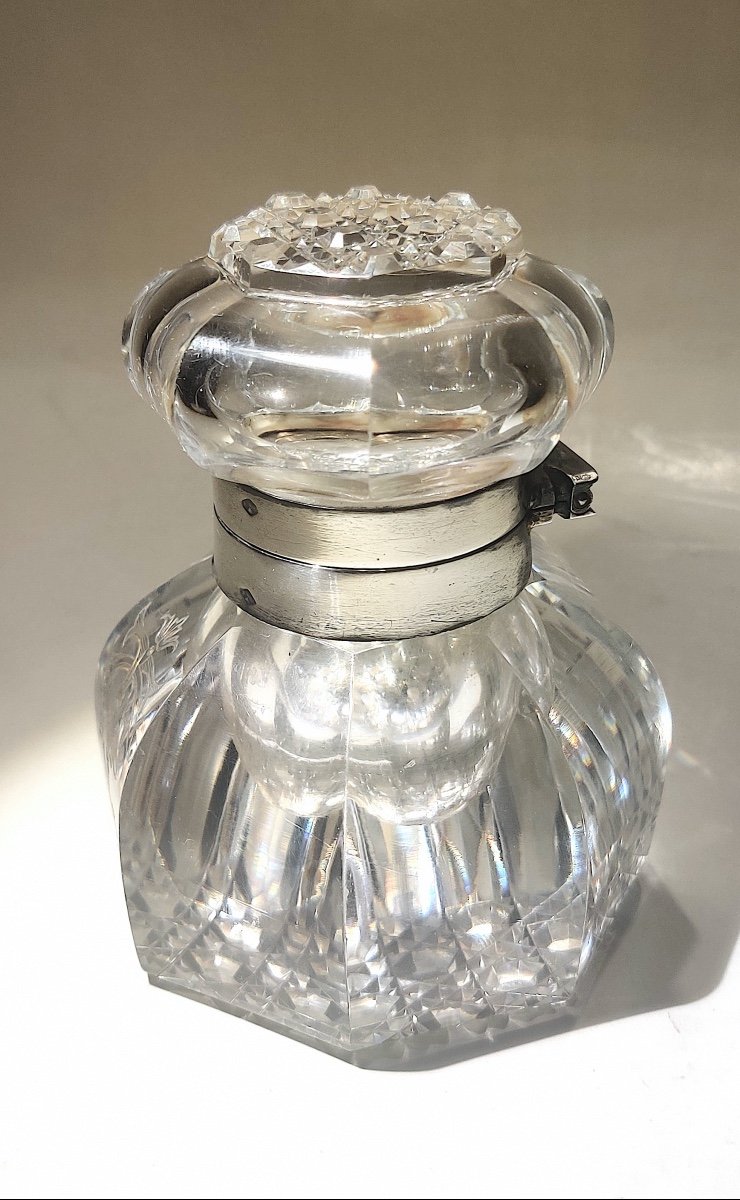 Encrier cristal taillé et argent d'époque fin XIXème-photo-4