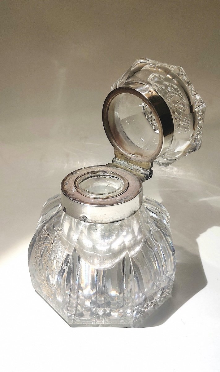 Encrier cristal taillé et argent d'époque fin XIXème-photo-1