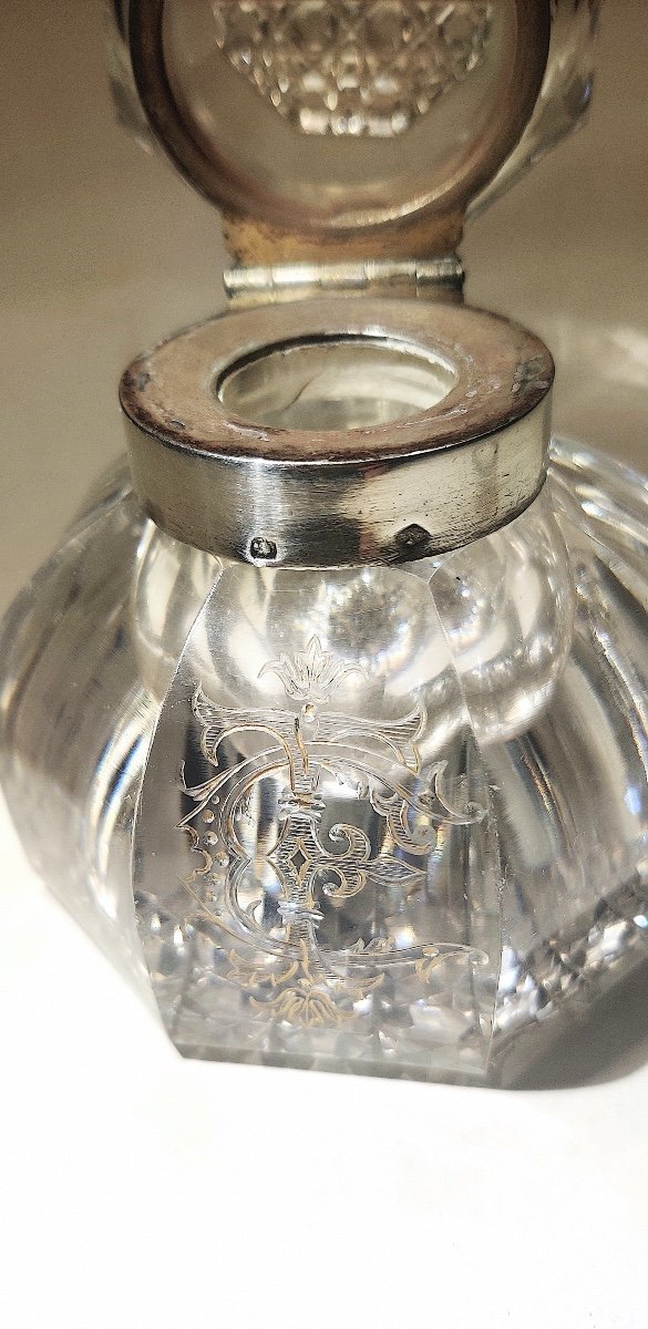 Encrier cristal taillé et argent d'époque fin XIXème-photo-2
