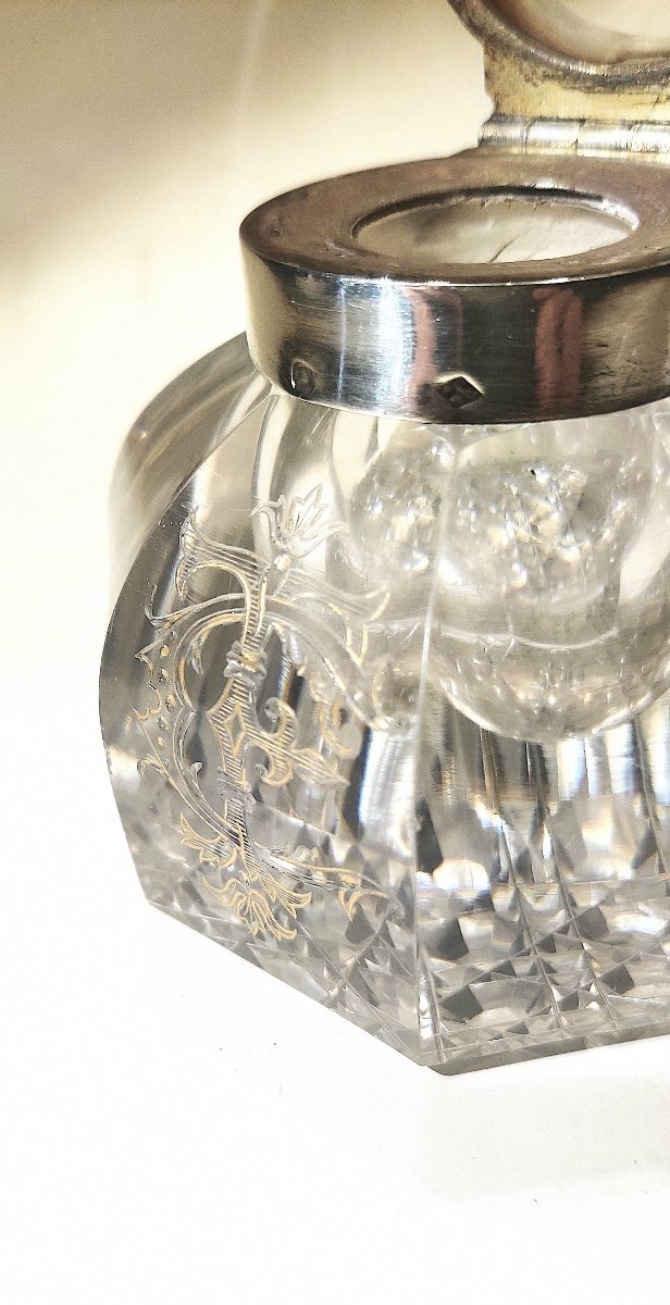 Encrier cristal taillé et argent d'époque fin XIXème-photo-4