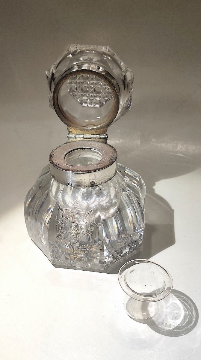Encrier cristal taillé et argent d'époque fin XIXème-photo-5