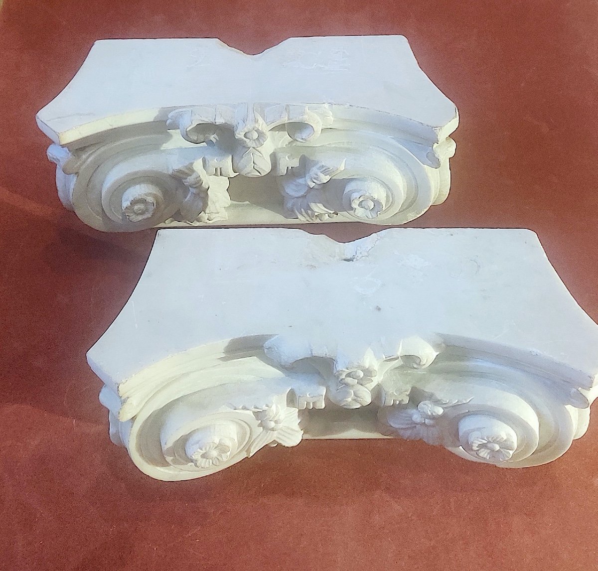 Pair Of Ionic Style Half-capitals In Sculpted Carrara Marble From The Late 19th Century.-photo-4