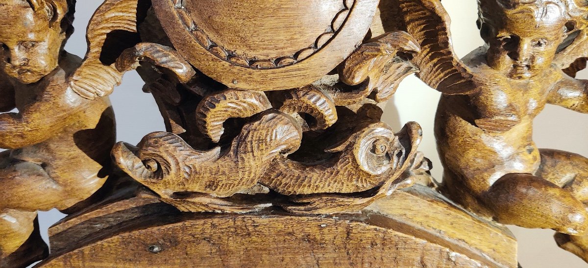 Sculpted Wooden Element With “putti And Dolphins”, 18th Century.-photo-2