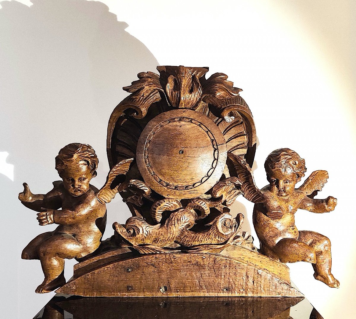 Sculpted Wooden Element With “putti And Dolphins”, 18th Century.-photo-3